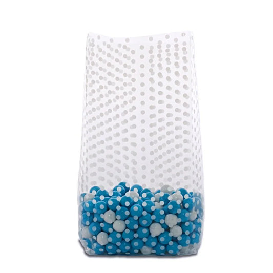 Clear gusseted cello bag with all-over white dot pattern, filled with blue and white candy, perfect for party favors, gifts, or retail packaging.