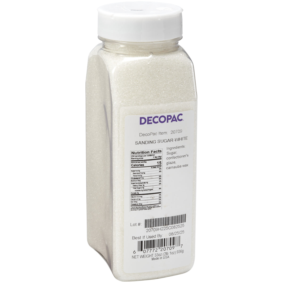 DecoPac White Sanding Sugar in a 33 oz clear plastic shaker container with a white lid, filled with sparkling white sugar crystals.