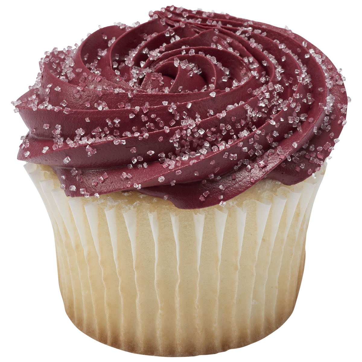 Cupcake with a swirl of deep burgundy buttercream frosting sprinkled with sparkling white sanding sugar crystals in a white paper liner.