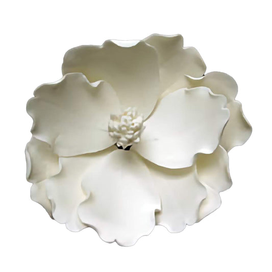 White magnolia gum paste flower with layered ruffled petals, 4.5 inches wide, designed for cake decorating and elegant event cakes.