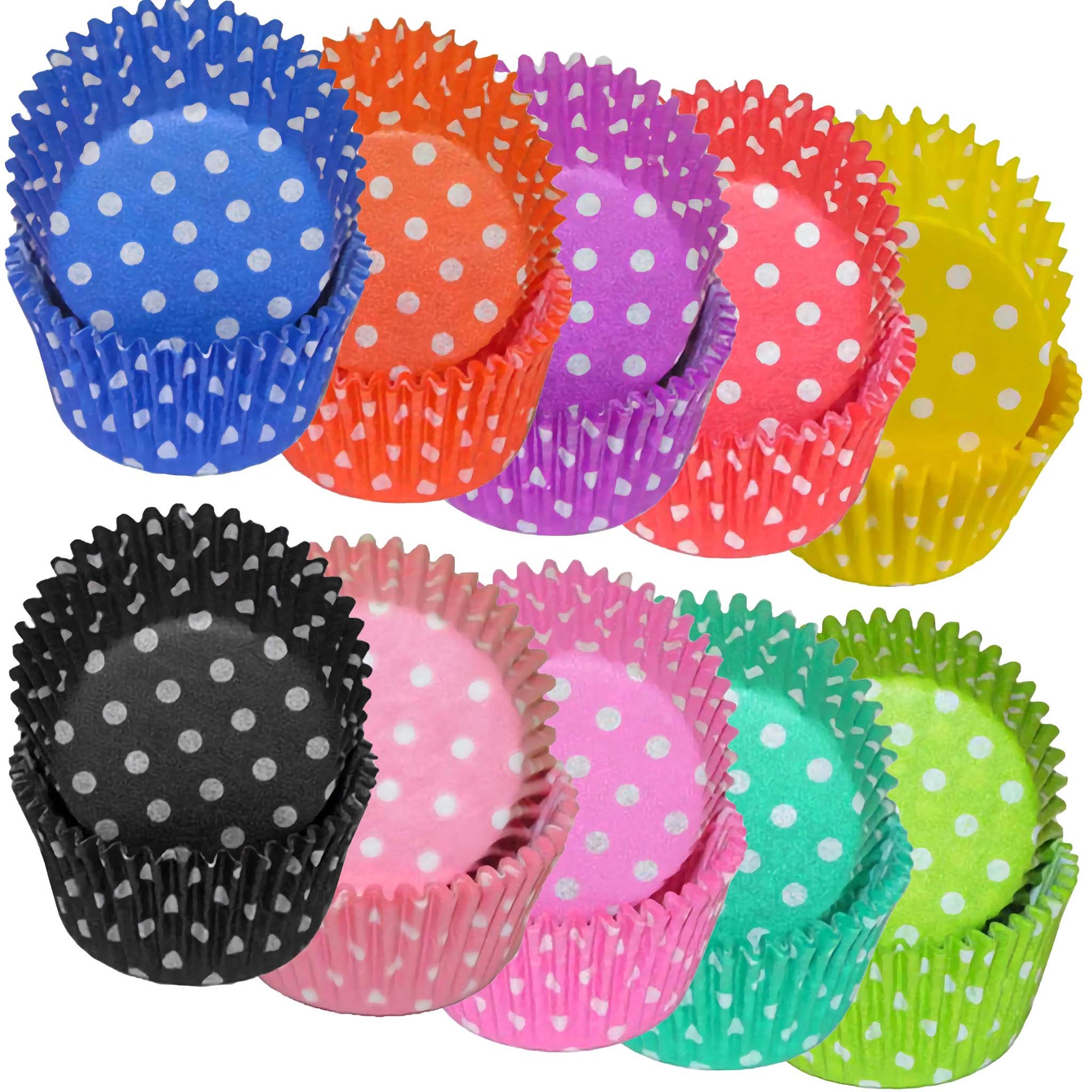 Assorted standard-size cupcake baking cups with white polka dots in various bright colors, including blue, orange, purple, yellow, black, pink, teal, and green.