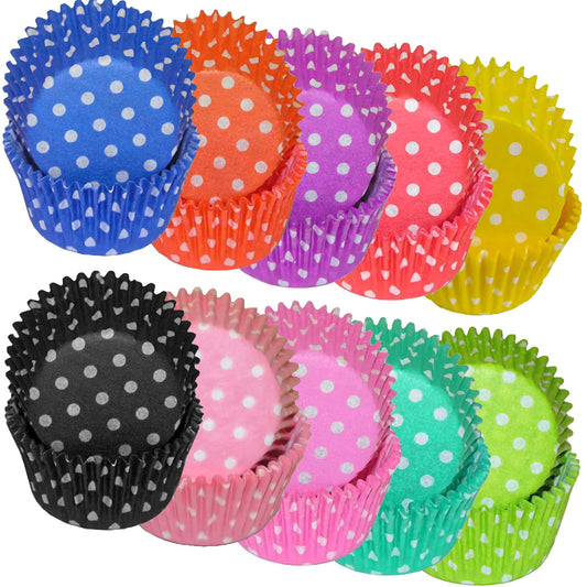 Assorted standard-size cupcake baking cups with white polka dots in various bright colors, including blue, orange, purple, yellow, black, pink, teal, and green.