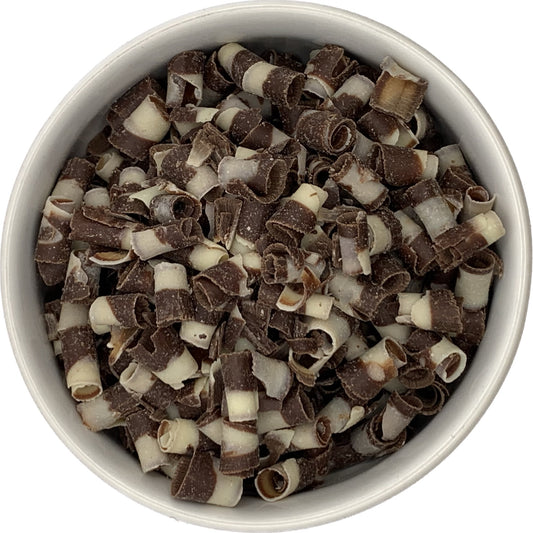 White and dark marbled chocolate curls, perfect for decorating cakes, cupcakes, hot drinks, and desserts.