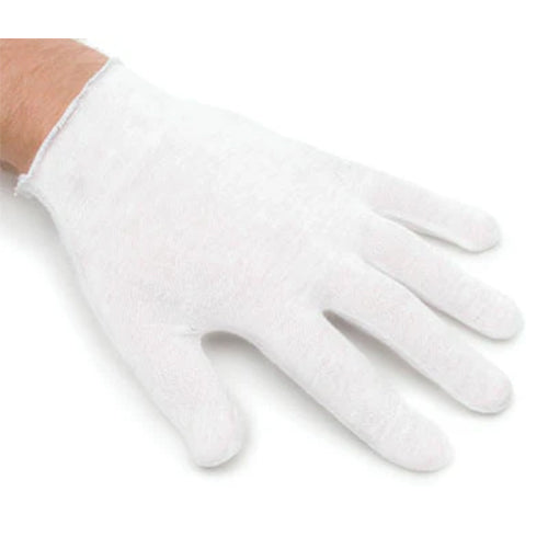 White cotton glove on a hand, designed for handling chocolate without leaving fingerprints; ideal for confectionery and candy making tasks