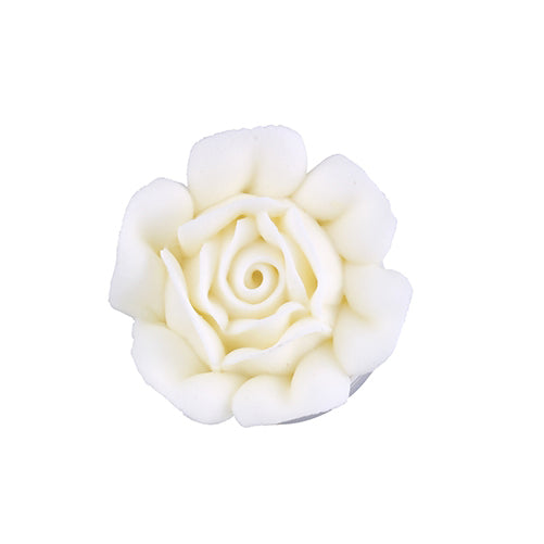 White mini royal icing rose with open petal design, 1/2 inch in diameter
