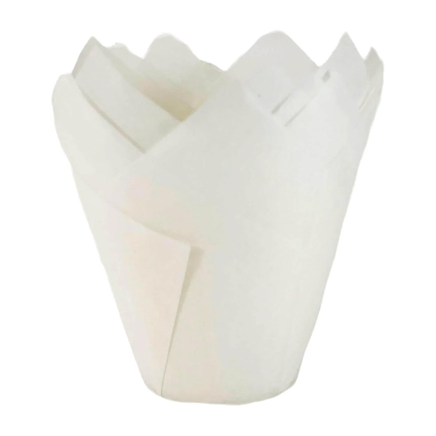 Stack of white tulip baking cups with tall folded paper petals and a 2-inch round base, shown on a white background.
