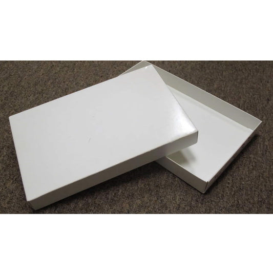  The image depicts a simple yet classic two-piece white candy box. The bottom section is designed to hold confectionery, while the top section is a lid that fits snugly over the base. The overall look of the box is clean and minimalist, suitable for customization or elegant enough to use as is for gifting purposes
