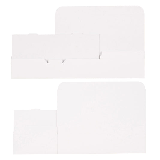 Flat layout of white 1 1/2 lb candy box before assembly, showing one-piece design with foldable construction.