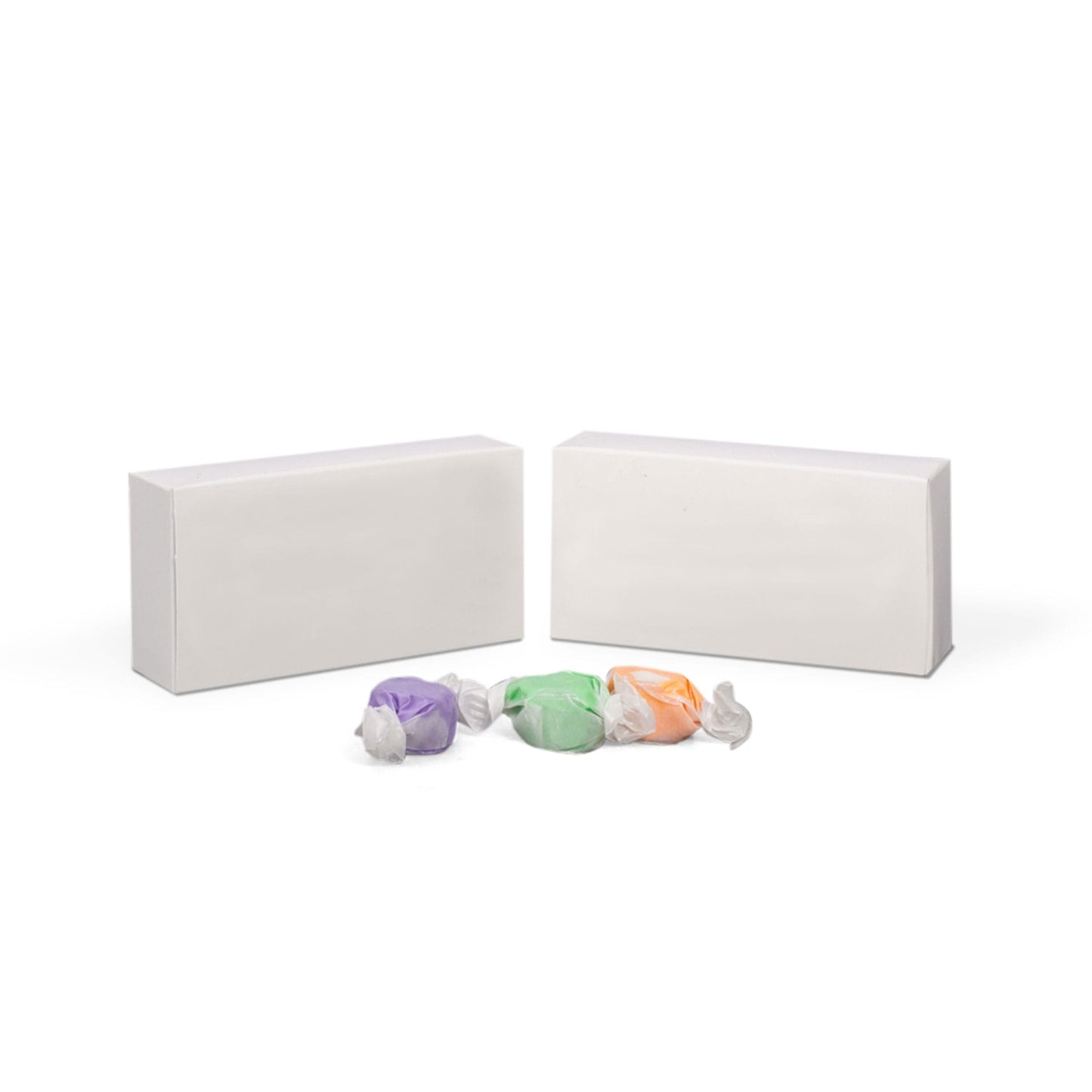 White 1/4 lb candy box with colorful wrapped taffy in front, suitable for packaging fudge, chocolates, and small confections.