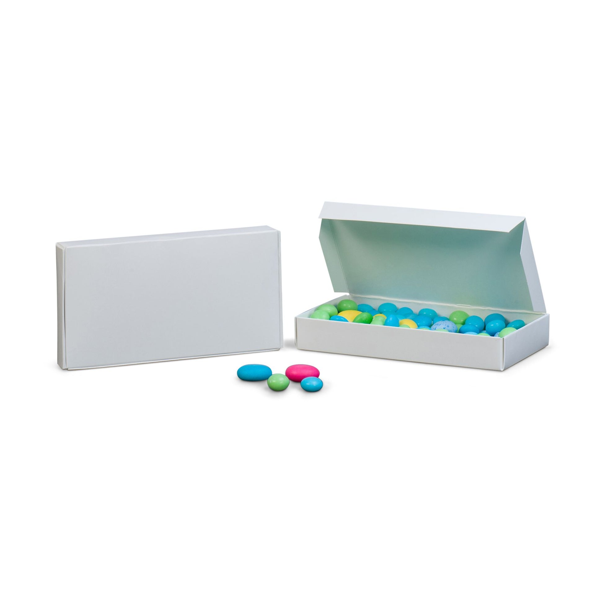 White 1/2 lb candy box with assorted colorful candies, ideal for packaging fudge, truffles, and small confections.