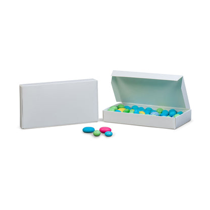 White 1/2 lb candy box with assorted colorful candies, ideal for packaging fudge, truffles, and small confections.