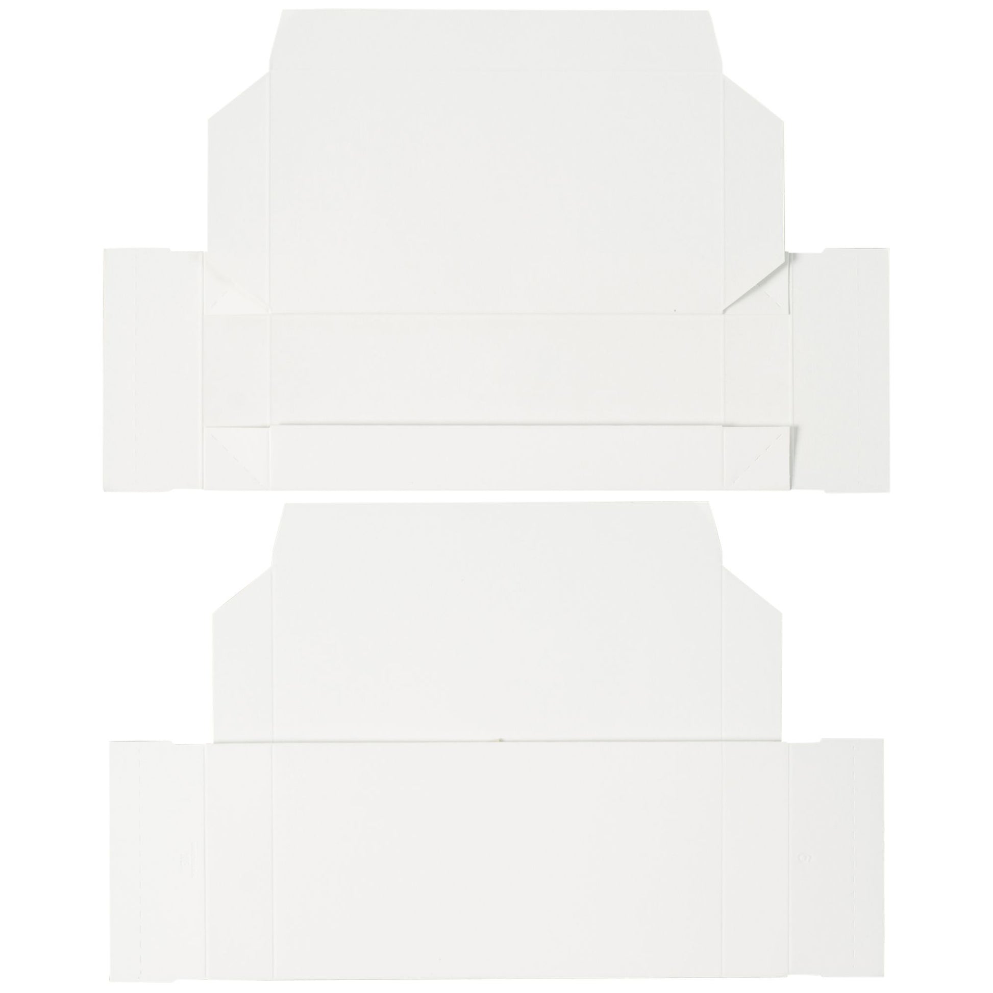 Flat layout of white 1/2 lb candy box before assembly, featuring a foldable one-piece design for easy setup.