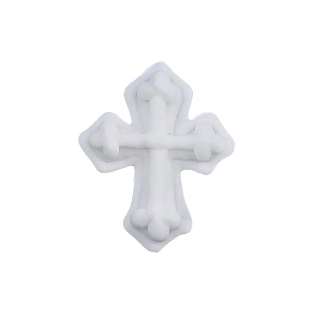 Single elegant edible white cross cake topper with raised details, perfect for religious ceremonies like baptisms or confirmations.