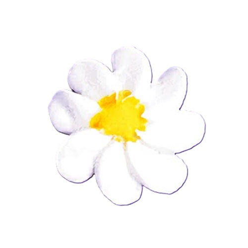This is a close-up of a single white royal icing daisy with a yellow center, showcasing delicate petal textures and a soft gradient of color towards the center. It's a classic and versatile decoration that adds an elegant touch to baked goods