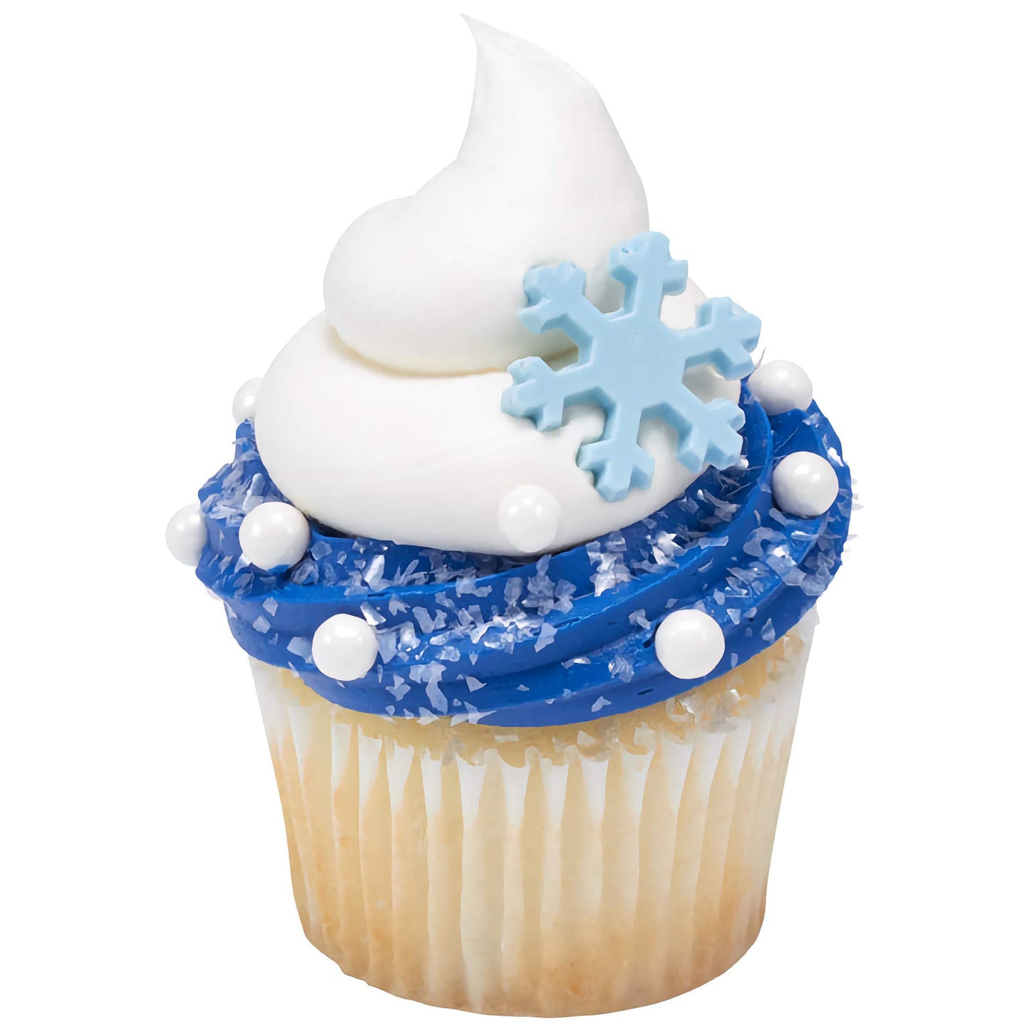 A cupcake with rich blue frosting topped with a large white sugar flower, decorated with white edible sugar pearls, adding a touch of elegance and winter theme with snowflake-shaped sprinkles.