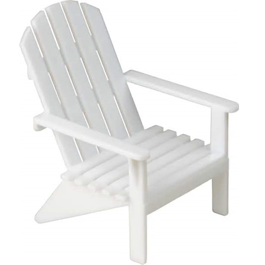 Single miniature white plastic beach chair cake topper, designed to add a relaxing beachside vibe to summer-themed cakes and desserts.
