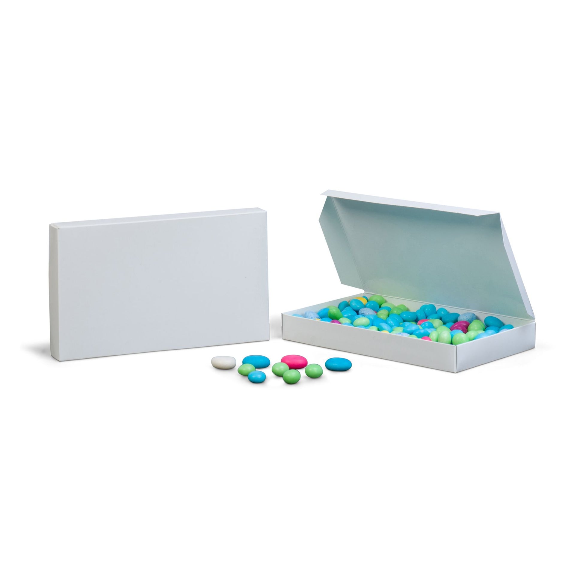 White 1 lb candy box shown open and closed, with colorful candies displayed inside the open box on a white background.