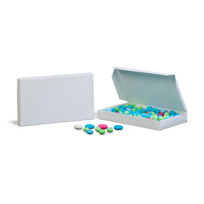 White 1 lb candy box shown open and closed, with colorful candies displayed inside the open box on a white background.
