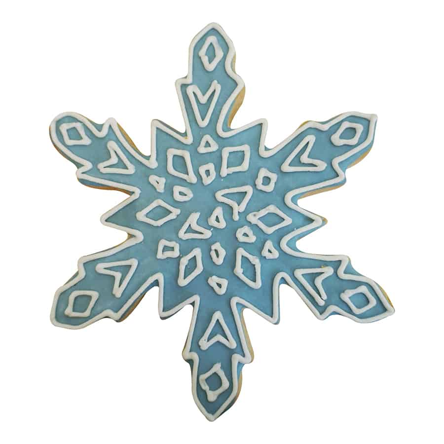 Iced blue snowflake cookie decorated with white royal icing patterns, made using the 5-inch snowflake cutter.
