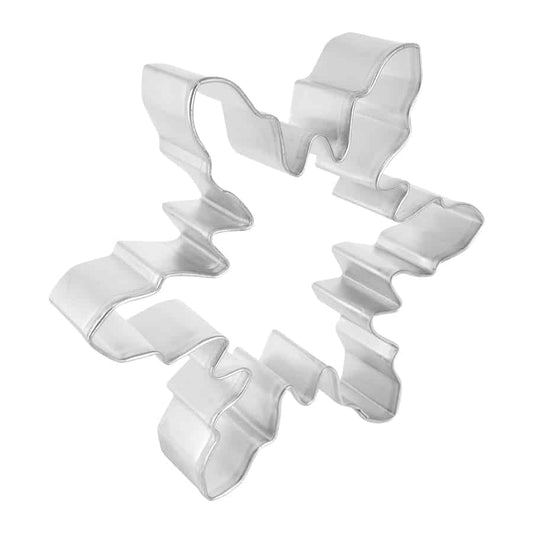 Side angle view of a metal snowflake cookie cutter showcasing deep, decorative cutouts for detailed shapes.