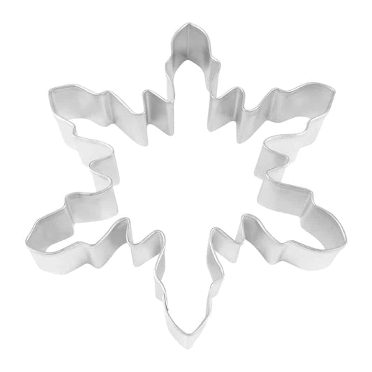 5-inch wide snowflake cookie cutter with intricate, jagged edge design, ideal for winter and holiday-themed cookies.