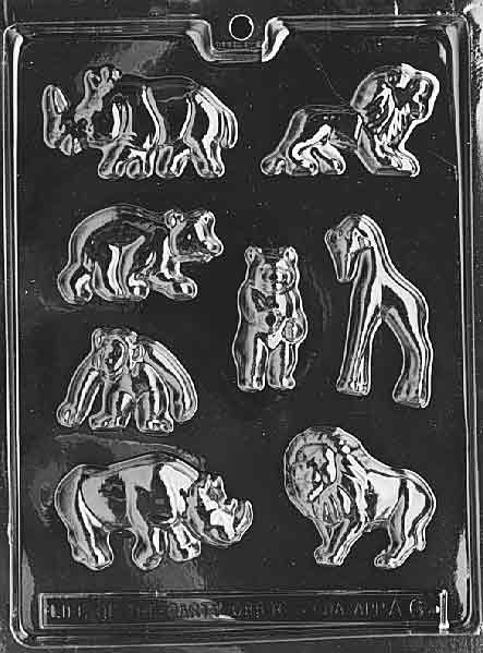 Plastic candy mold with 8 detailed wild animal shapes including a lion, rhinoceros, giraffe, monkey, bear, and hippo, used for making themed chocolate pieces.