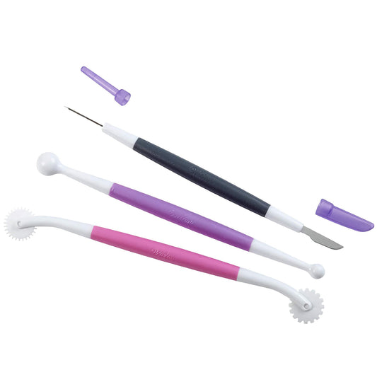 Wilton 3-piece fondant and gum paste starter tool set featuring three double-ended tools including a ball tool, quilting/stitching wheels, and a knife and needle tool.