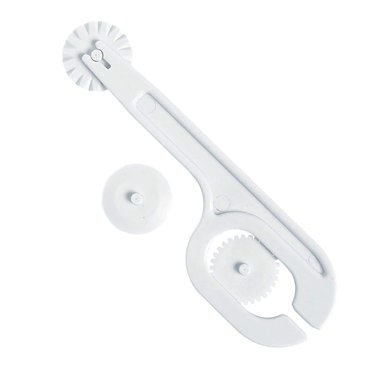 Wilton Cutter/Embosser tool with three detachable wheels: straight, wavy, and ridged, designed for cutting and embossing fondant.