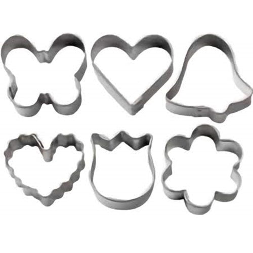 A set of six cookie cutters. They are shaped like a butterfly, heart, bell, heart, tulip, and daisy. 