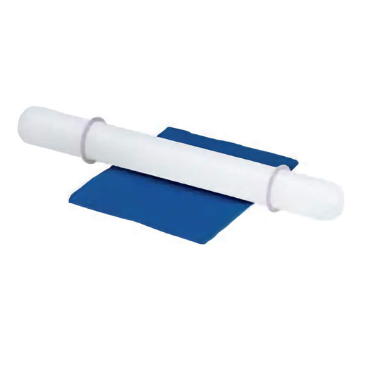 Wilton Perfect Height™ rolling pin for fondant with slide-on guide rings, shown with blue fondant rolled to an even thickness.