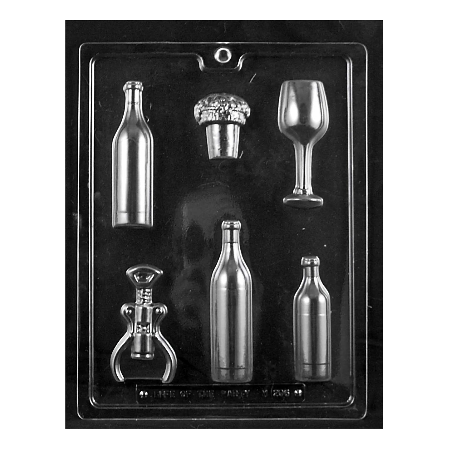 This is a specialized chocolate mold for wine enthusiasts, featuring cavities shaped like bottles, corkscrews, wine glasses, and a wine bottle cork. The mold is designed to create detailed chocolate replicas of these items, ideal for gifts or wine-tasting events.