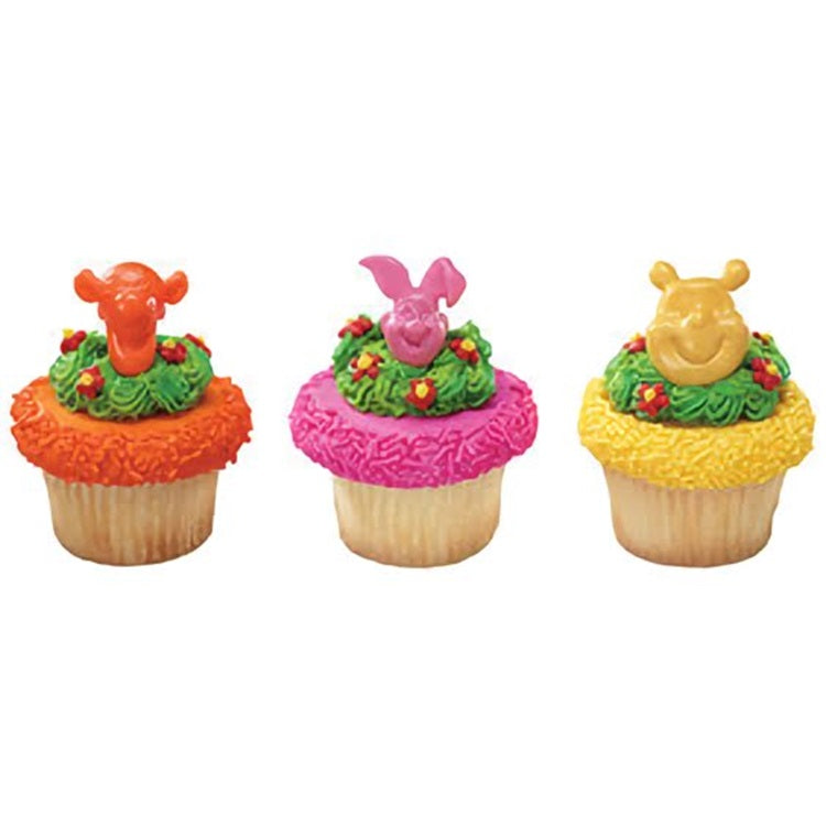 Adorable cupcake toppers with Winnie The Pooh, Tigger, and Piglet in bright orange, pink, and yellow icing, adding fun to any children's party. Shop character-themed baking decorations at Lynn's Cake, Candy, and Chocolate Supplies.