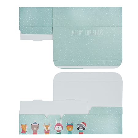 Set of small light blue gift boxes with animal illustrations laid flat on a white background.