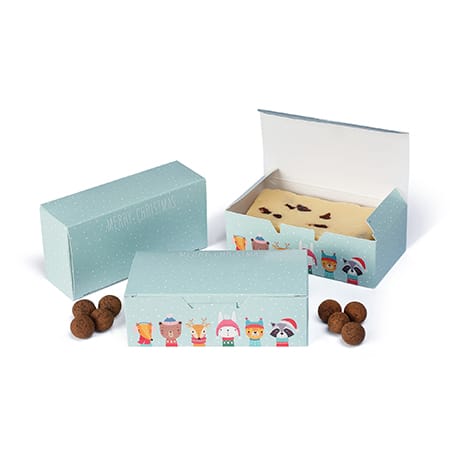 Set of small light blue gift boxes with animal illustrations on a white background.