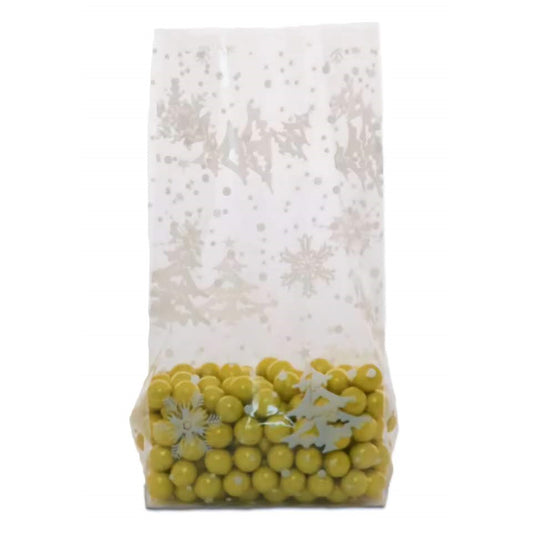 A medium-sized cellophane treat bag showcasing a 'Winter Flurry' design, filled at the bottom with lemon-yellow round candies. The bag features a collection of delicate white snowflakes that appear to be floating down over a transparent background, giving the impression of a gentle snowfall. This design adds a touch of seasonal charm, ideal for winter celebrations and holiday gifting.