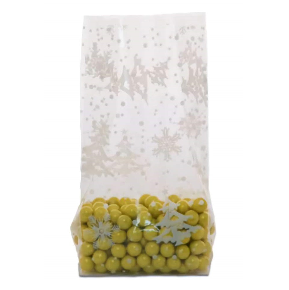 A medium-sized cellophane treat bag showcasing a 'Winter Flurry' design, filled at the bottom with lemon-yellow round candies. The bag features a collection of delicate white snowflakes that appear to be floating down over a transparent background, giving the impression of a gentle snowfall. This design adds a touch of seasonal charm, ideal for winter celebrations and holiday gifting.