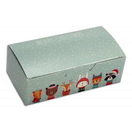 This image shows a 1/2 pound candy box with a charming "Winter Friends" theme. It's adorned with whimsical animal characters wearing winter hats and scarves, including a reindeer, a raccoon, and others, against a soft blue background sprinkled with white dots that resemble falling snow. The words "Merry Christmas" are prominently displayed across the top, adding a festive greeting to the box's design.