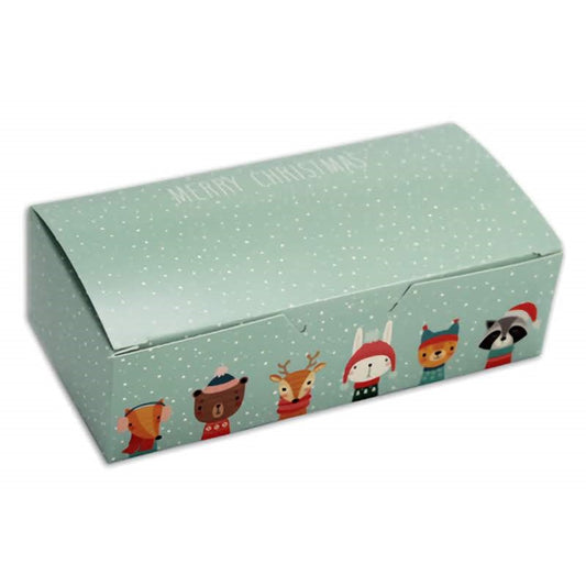 This image displays a 1 pound candy box with a "Winter Friends" motif, showcasing endearing animal characters in holiday gear against a snowy light blue backdrop, complete with a "Merry Christmas" greeting.
