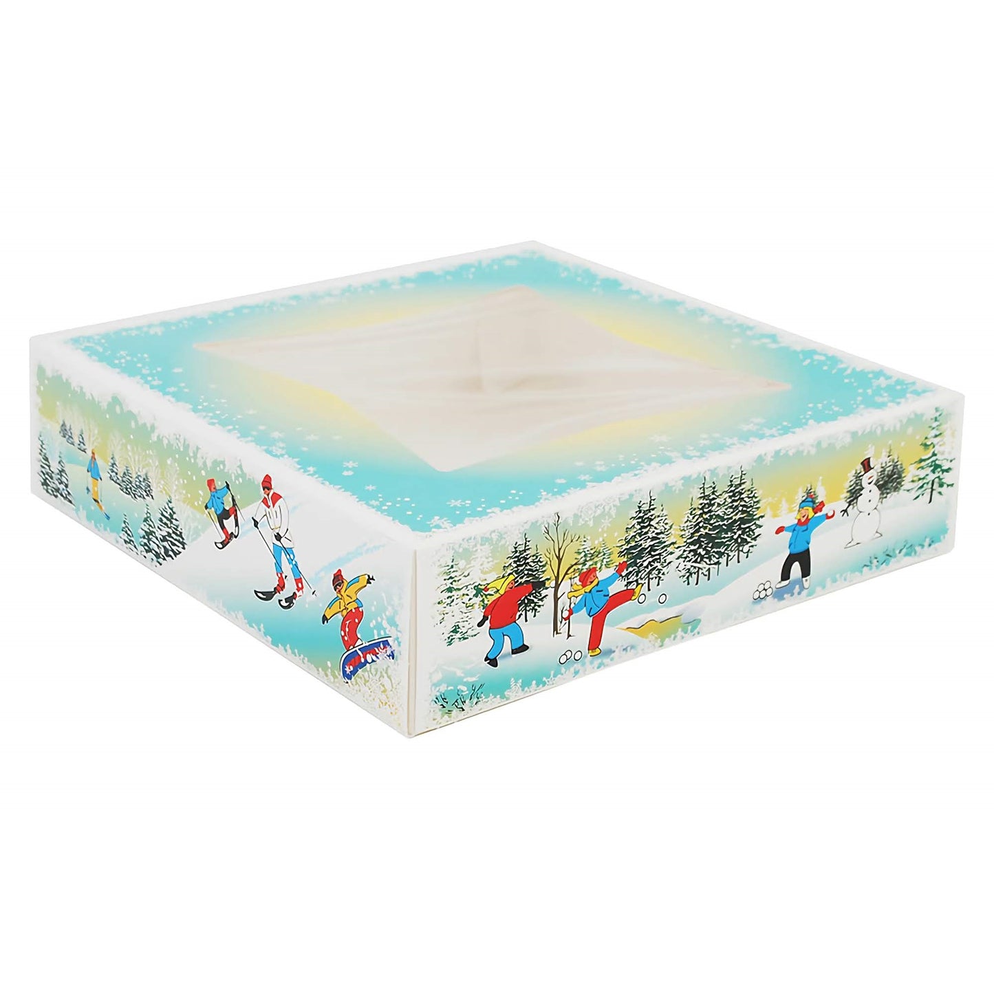 This image features a large Winter Wonderland candy box with a transparent window on the top. The sides of the box are adorned with a festive winter scene that includes people engaging in activities such as skiing and walking dogs, against a backdrop of snow-covered trees and falling snowflakes. The design evokes a cheerful holiday spirit and a sense of snowy adventure.