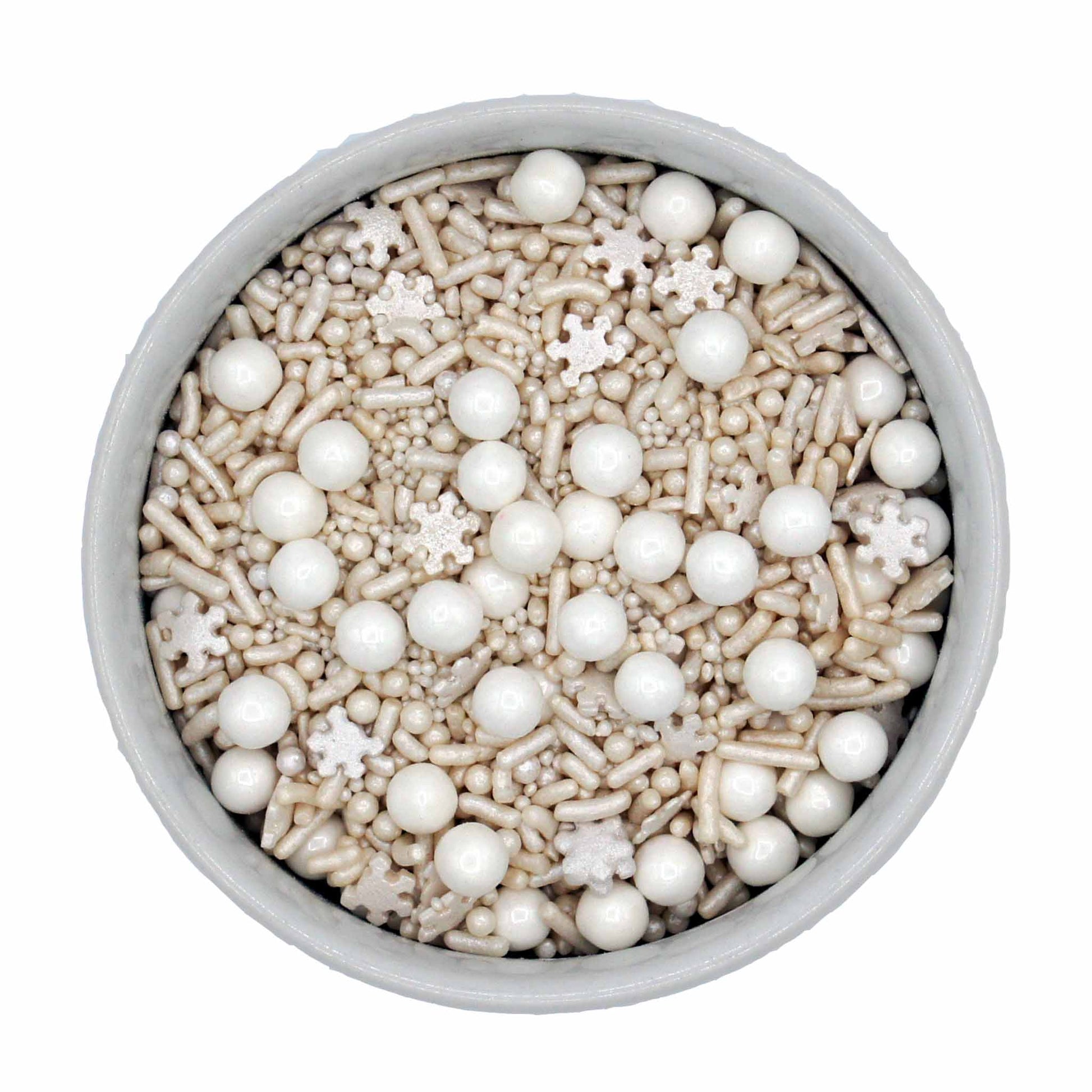 A frosty mix of white and silver sprinkles featuring sugar pearls, snowflake quins, jimmies, and non-pareils, perfect for creating winter-themed desserts.