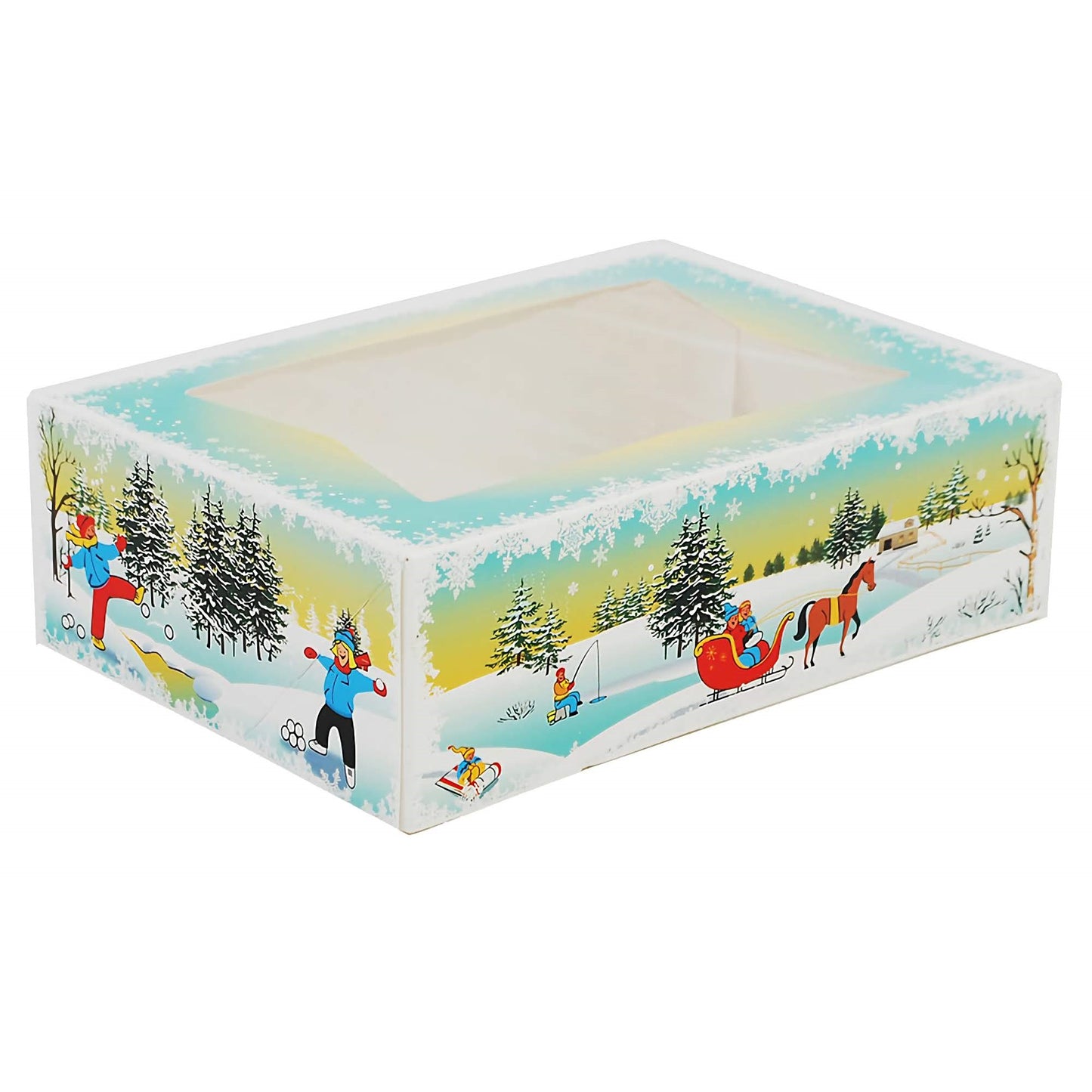 This image features a medium-sized treat box with a clear lid, showcasing a festive Winter Wonderland theme. The box's sides are adorned with colorful illustrations of outdoor winter activities, such as people skiing, sledging, and skating. A horse-drawn sleigh, evergreen trees, and playful snowflakes add to the charming snowy scene. The design evokes a joyful, holiday atmosphere, perfect for packaging seasonal treats and gifts.