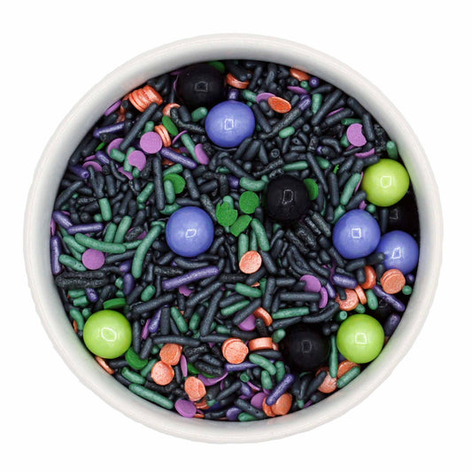 A spooky sprinkle mix with dark purple, green, and black jimmies, orange metallic confetti quins, and Sixlets, perfect for adding a mystical touch to Halloween-themed desserts.