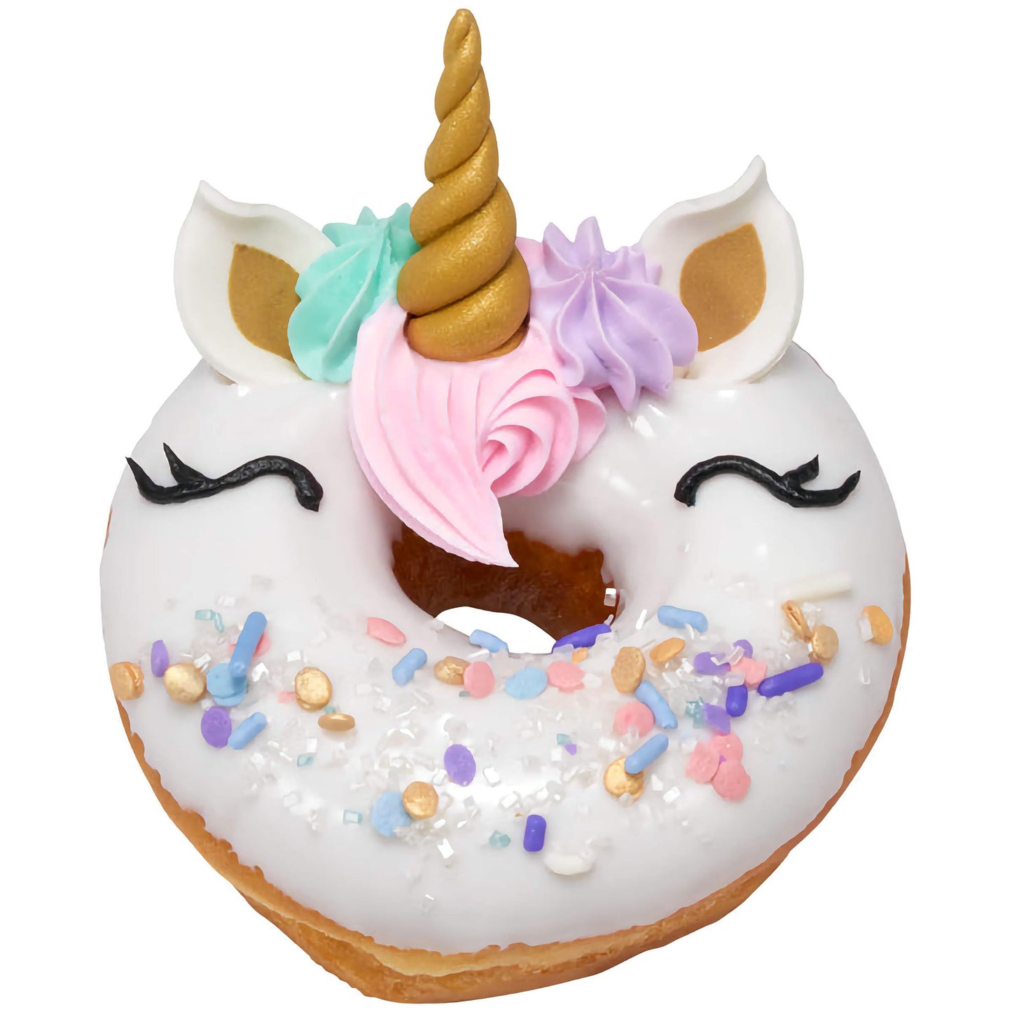 In this use, the sprinkles are part of a larger decoration scheme on a unicorn-themed donut, which includes a white icing base, a pink and blue swirl horn, ear shapes, and a cute drawn-on face. The sprinkles serve as an additional decorative element that complements the whimsical theme of the donut.