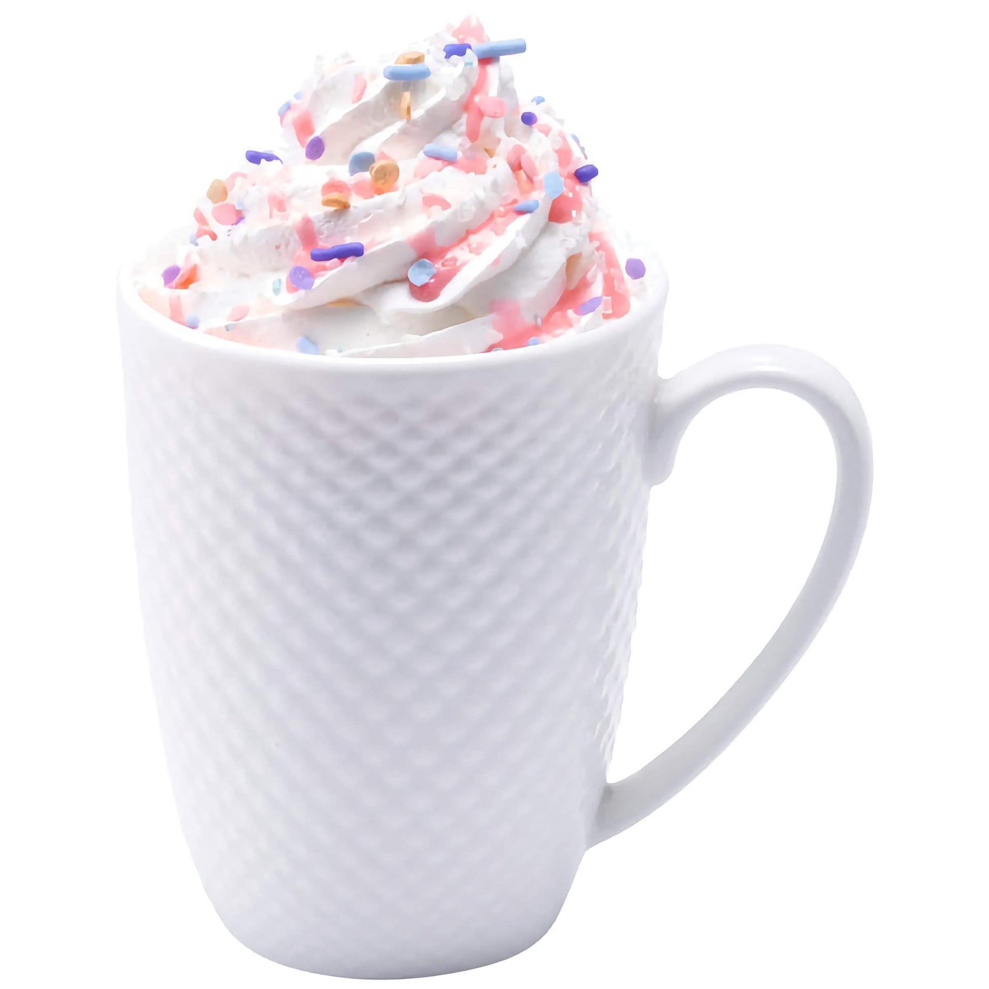 Here, the sprinkles are used as a topping on whipped cream that crowns a mug of hot chocolate. The colors add a playful contrast to the white cream, enhancing the visual appeal of this cozy beverage.