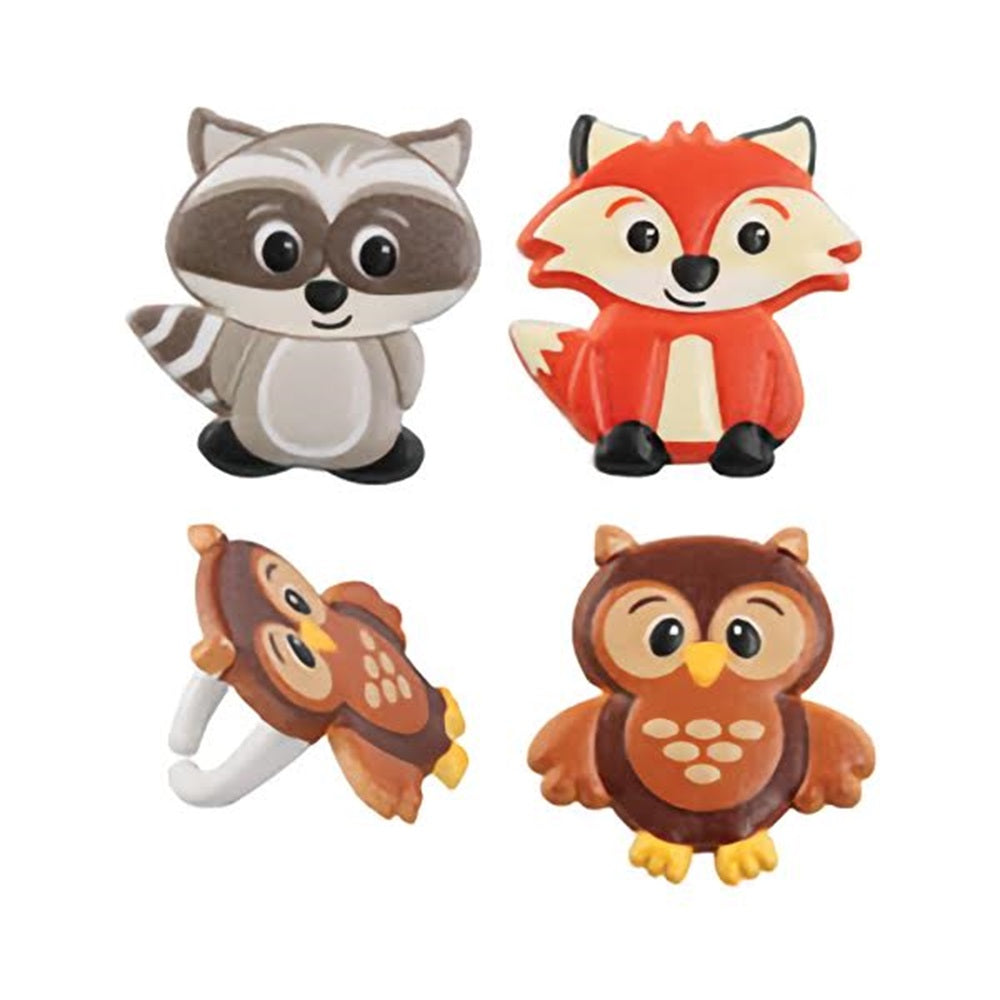 Woodland animal cupcake rings featuring a raccoon, fox, owl, and squirrel, each with charming details and bright colors, ideal for decorating cupcakes for a child's birthday or a nature-themed party.