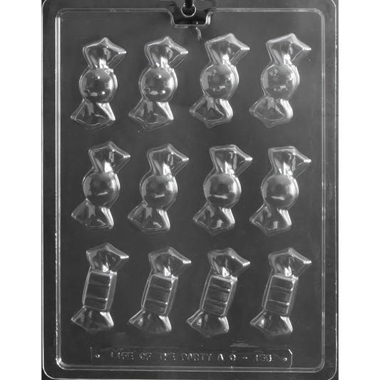 Clear plastic chocolate mold designed to create chocolates in the shape of wrapped candy pieces, featuring twelve compartments with a detailed candy wrap design that includes a twist at both ends. The mold is placed on a black background, and it's marked 'MADE IN THE USA', perfect for crafting decorative chocolates for party favors or delightful treats.