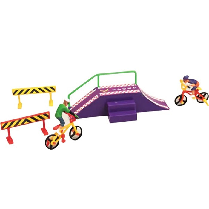 X-Treme Bicycles cake topper set featuring vibrant BMX bikes and stunt park obstacles, ideal for decorating cakes for extreme sports fans and bicycle enthusiasts.