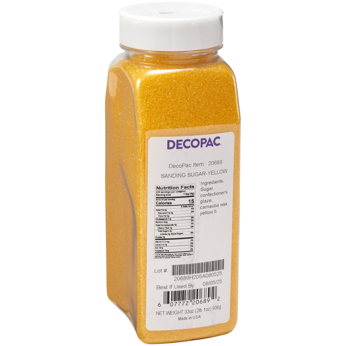 DecoPac Yellow Sanding Sugar in a 33 oz clear plastic shaker container with white lid, showing bright yellow sugar crystals and product label.