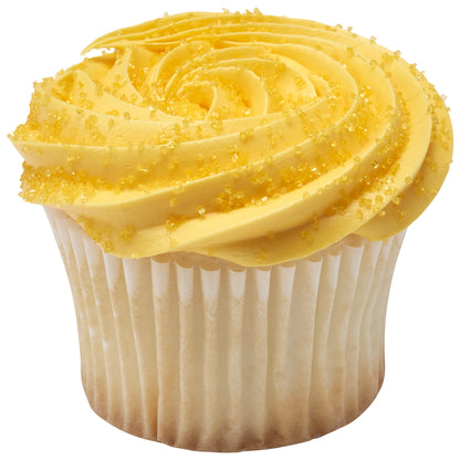 Cupcake topped with a swirl of yellow buttercream frosting and sparkling yellow sanding sugar crystals in a white paper baking liner.