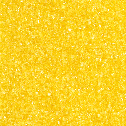 Close-up texture of bright yellow sanding sugar with coarse, translucent sugar crystals that sparkle and reflect light.